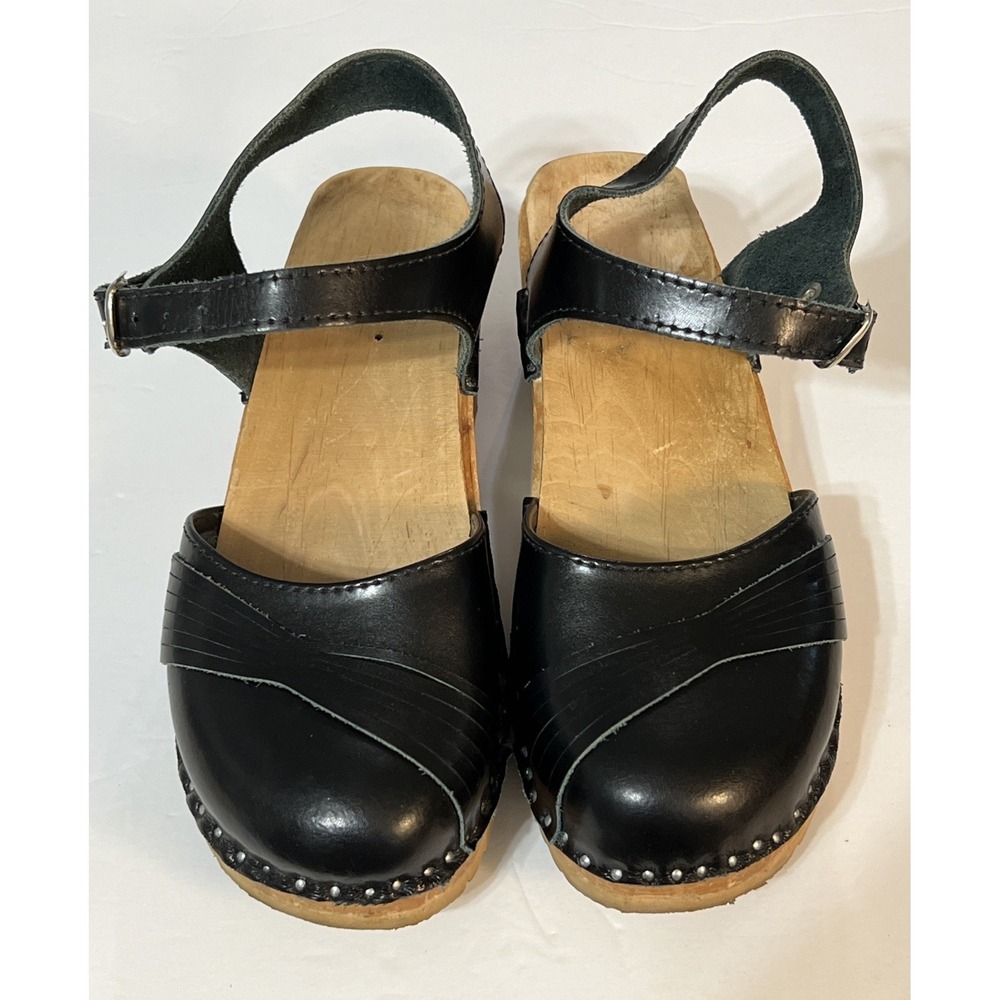 Troentorp Swedish Wood Mary Jane Clogs Black Leather Ankle Strap EU 37 US 6.5